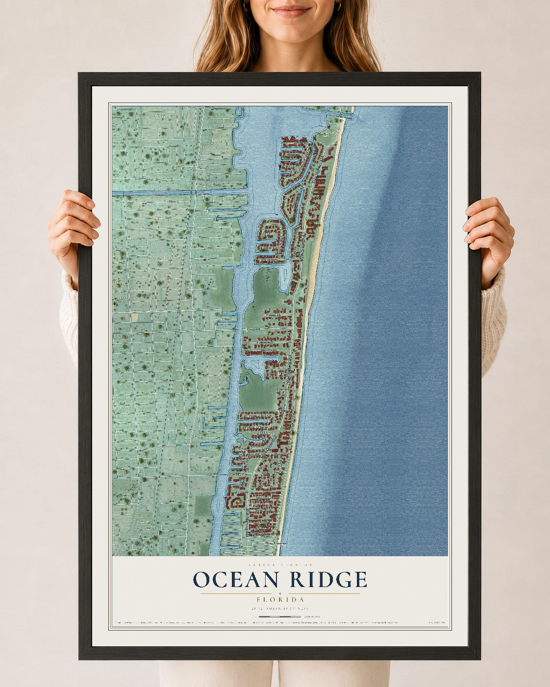 Ocean Ridge, Florida map print, 24" x 36" W/ Black Ayous Wood Frame mockup