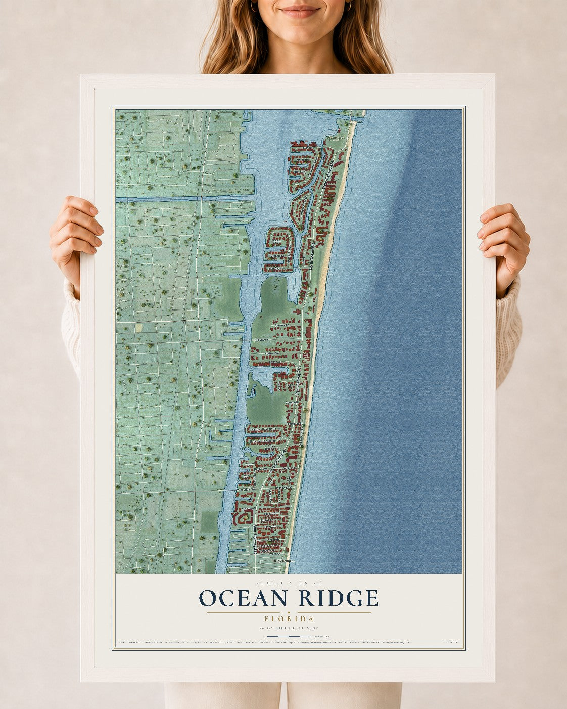 Ocean Ridge, Florida map print, 24" x 36" W/ White Ayous Wood Frame mockup