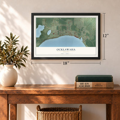 Ocklawaha, Florida map, 12 x 18 inch print in a black frame in an entryway