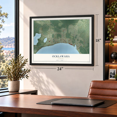 Ocklawaha, Florida map, 18 x 24 inch print in a black frame in a home office