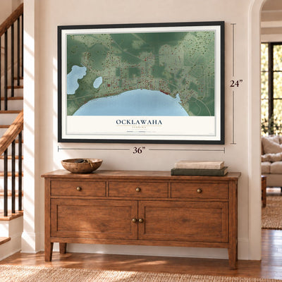Ocklawaha, Florida map, 24 x 36 inch print in a black frame above a dresser by a staircase