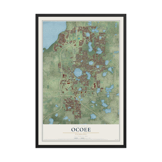 Map of Ocoee, Florida, 12 x 18 inch print in a black wood frame