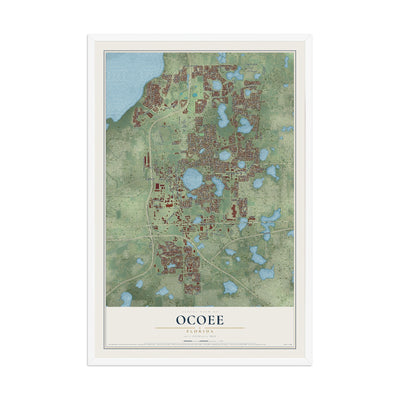 Ocoee, Florida map print, 12" x 18" W/ White Ayous Wood Frame mockup