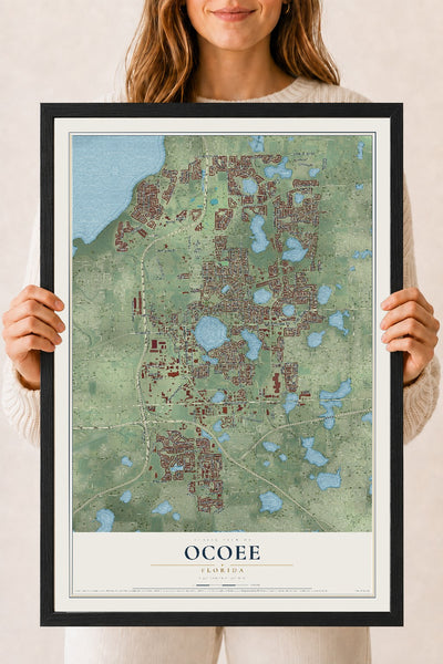 Ocoee, Florida map print, 18" x 24" W/ Black Ayous Wood Frame mockup