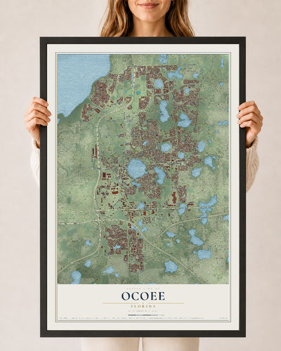 Ocoee, Florida map print, 24" x 36" W/ Black Ayous Wood Frame mockup