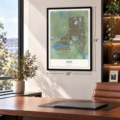 Ojus, Florida map, 18 x 24 inch print in a black frame in a home office