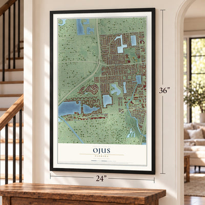 Ojus, Florida map, 24 x 36 inch print in a black frame by a staircase