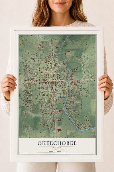 Okeechobee, Florida map print, 18" x 24" W/ White Ayous Wood Frame mockup