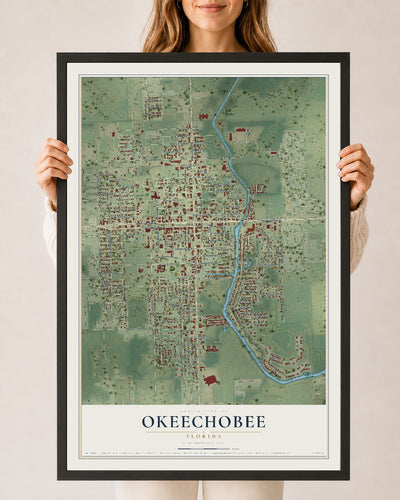 Okeechobee, Florida map print, 24" x 36" W/ Black Ayous Wood Frame mockup