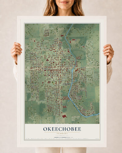 Okeechobee, Florida map print, 24" x 36" W/ White Ayous Wood Frame mockup