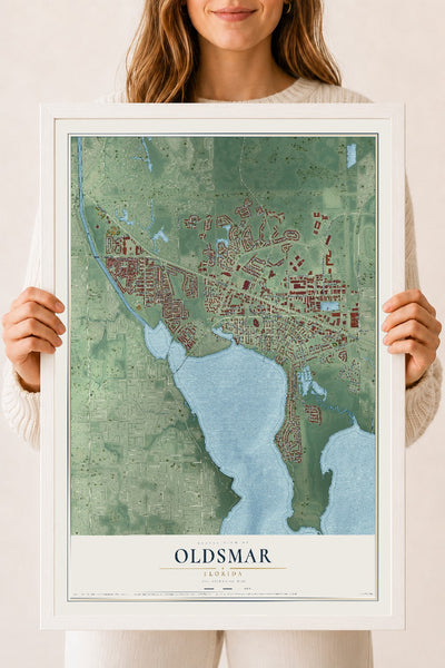 Oldsmar, Florida map print, 18" x 24" W/ White Ayous Wood Frame mockup