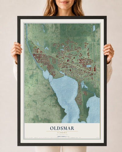 Oldsmar, Florida map print, 24" x 36" W/ Black Ayous Wood Frame mockup