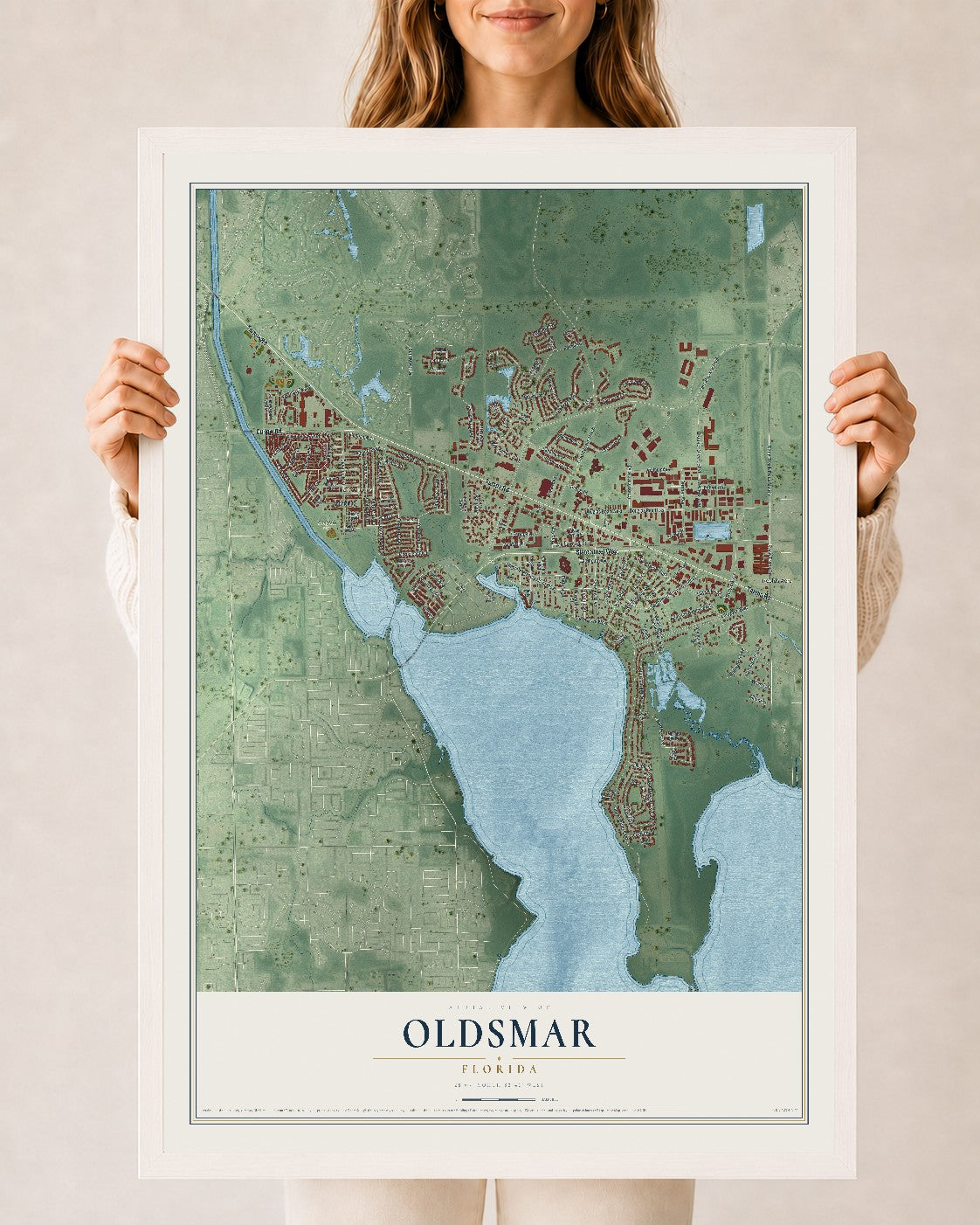 Oldsmar, Florida map print, 24" x 36" W/ White Ayous Wood Frame mockup