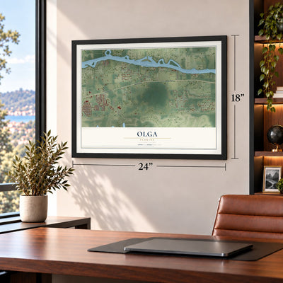 Olga, Florida map, 18 x 24 inch print in a black frame in a home office