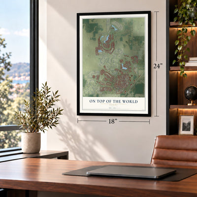 On Top of the World, Florida map, 18 x 24 inch print in a black frame in a home office