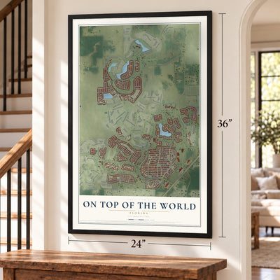 On Top of the World, Florida map, 24 x 36 inch print in a black frame by a staircase