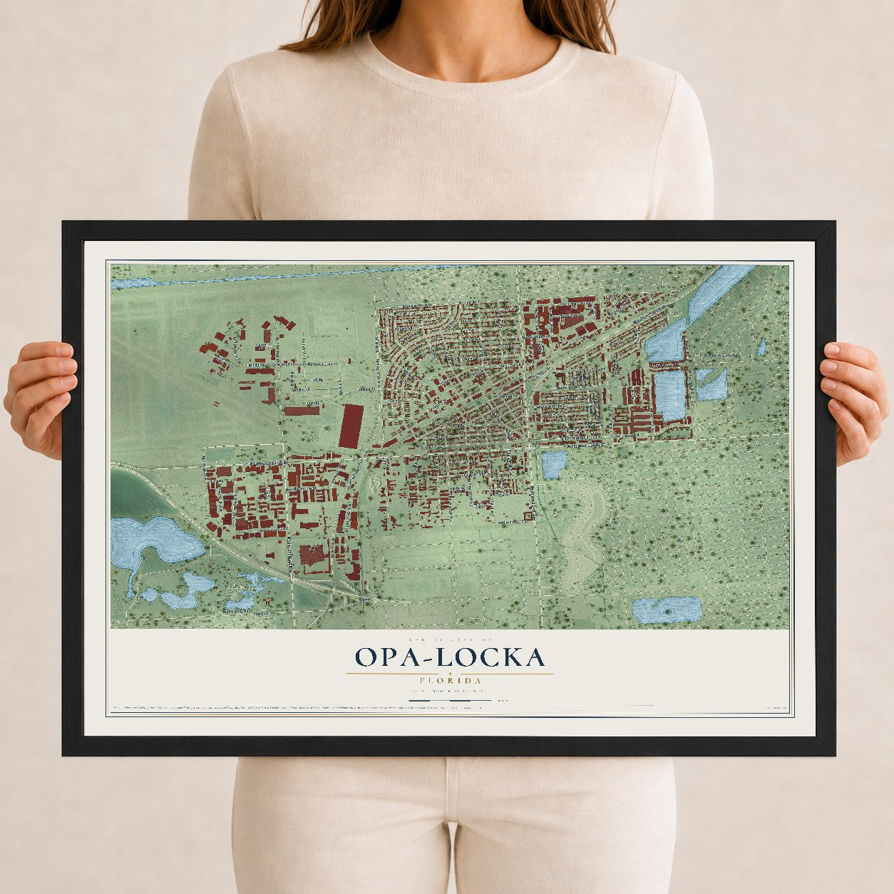 Opa-locka, Florida map print, 12" x 18" W/ Black Ayous Wood Frame mockup