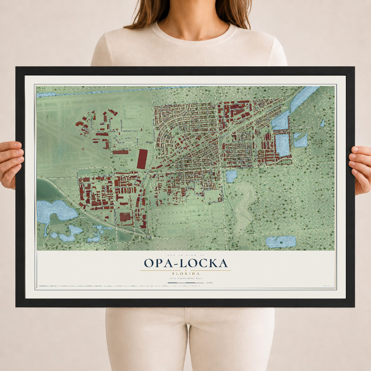 Opa-locka, Florida map print, 18" x 24" W/ Black Ayous Wood Frame mockup