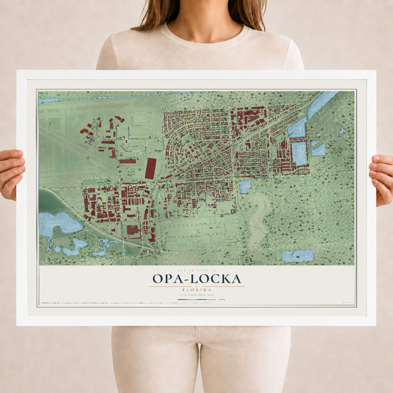 Opa-locka, Florida map print, 18" x 24" W/ White Ayous Wood Frame mockup