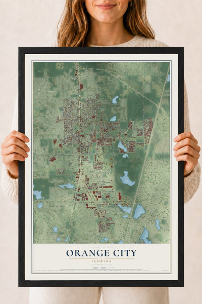 Orange City, Florida map print, 18" x 24" W/ Black Ayous Wood Frame mockup