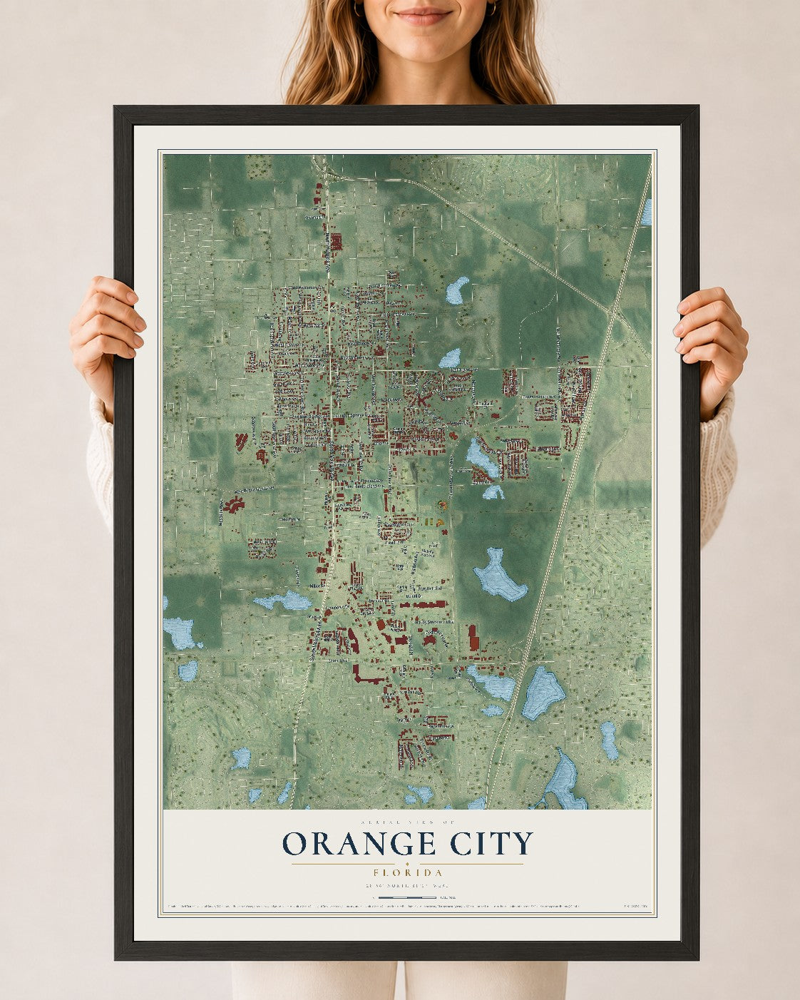 Orange City, Florida map print, 24" x 36" W/ Black Ayous Wood Frame mockup