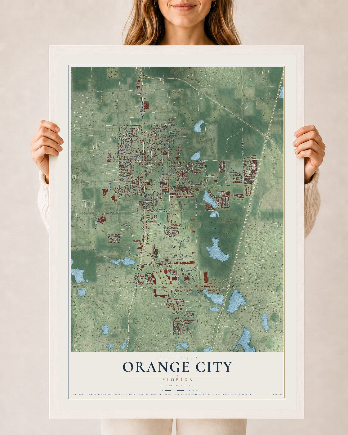 Orange City, Florida map print, 24" x 36" W/ White Ayous Wood Frame mockup