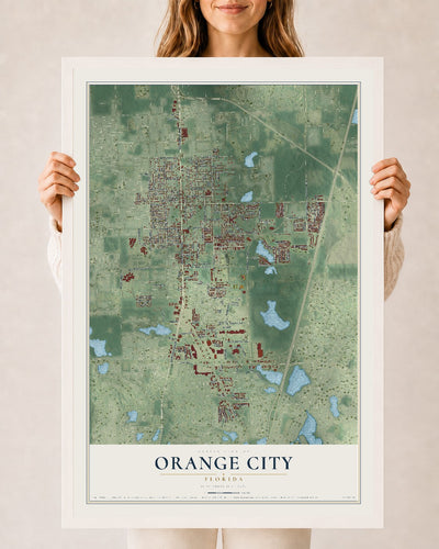 Orange City, Florida map print, 24" x 36" W/ White Ayous Wood Frame mockup
