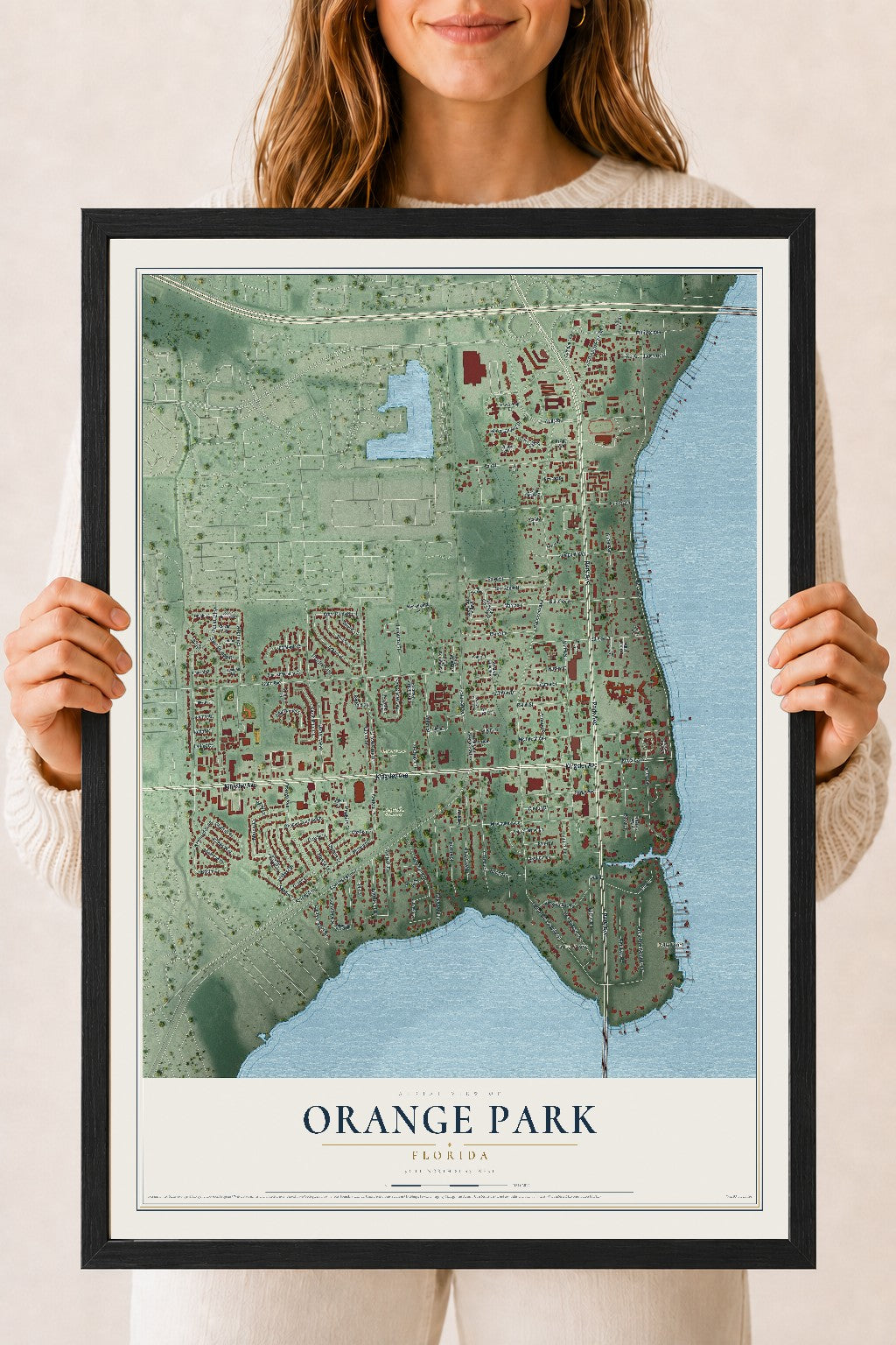 Orange Park, Florida map print, 18" x 24" W/ Black Ayous Wood Frame mockup