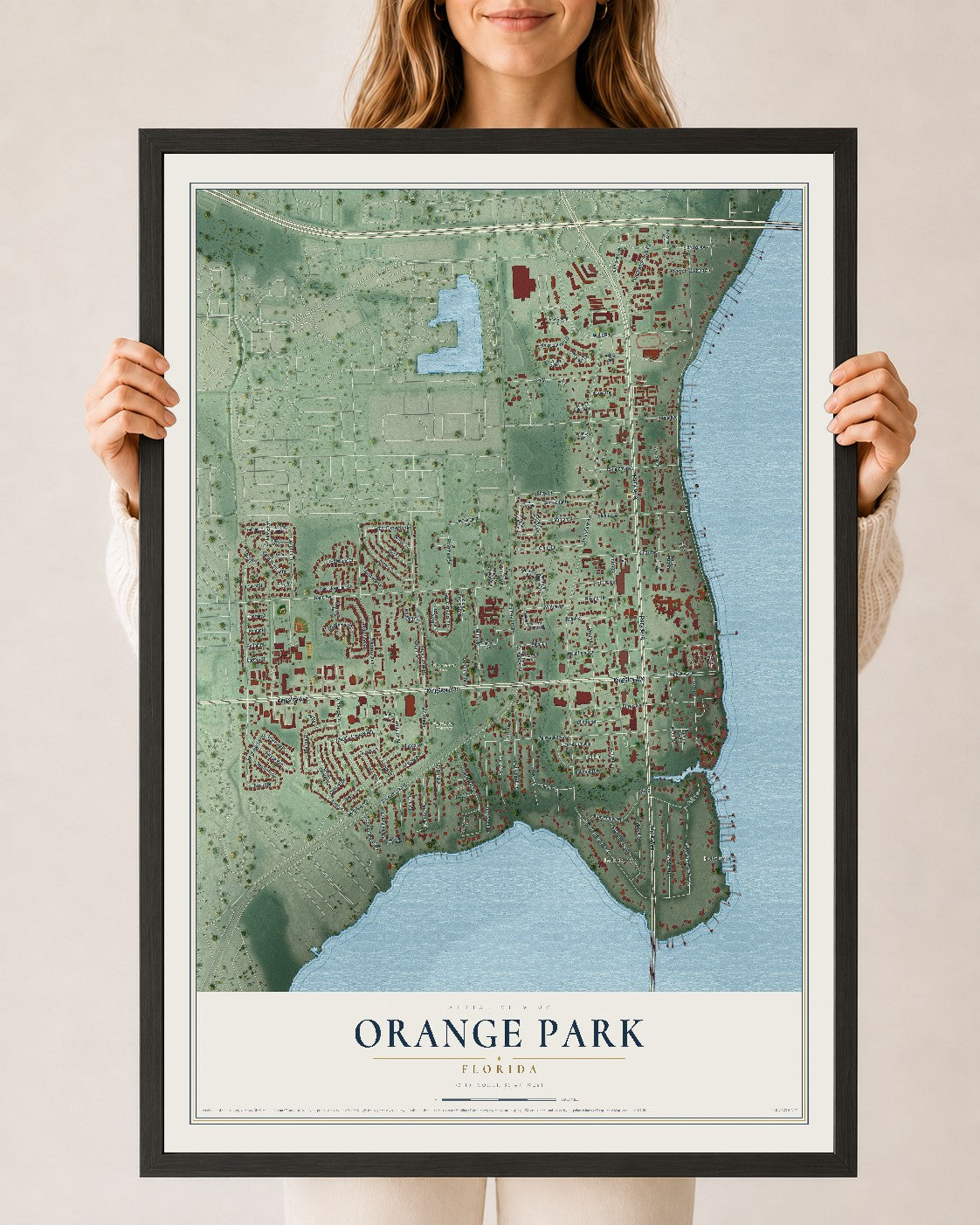 Orange Park, Florida map print, 24" x 36" W/ Black Ayous Wood Frame mockup
