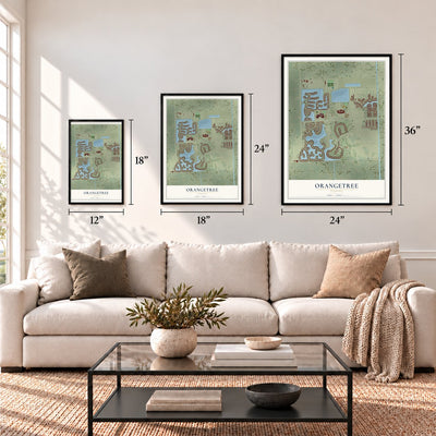 Orangetree, Florida map in 12 x 18, 18 x 24 and 24 x 36 inch sizes above a sofa