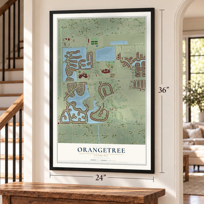 Orangetree, Florida map, 24 x 36 inch print in a black frame by a staircase