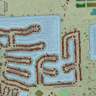 Close-up of the map of Orangetree, Florida print showing street and building detail