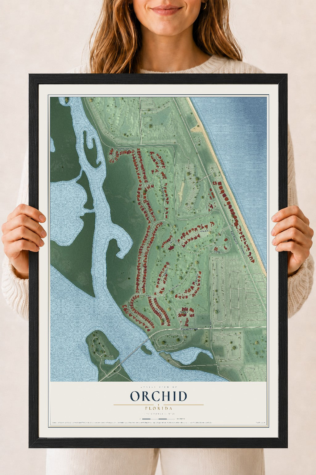Orchid, Florida map print, 18" x 24" W/ Black Ayous Wood Frame mockup