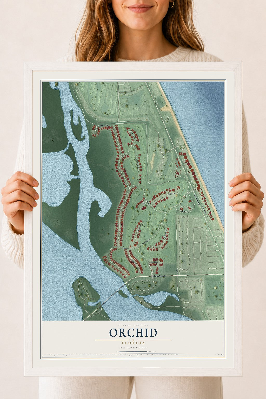 Orchid, Florida map print, 18" x 24" W/ White Ayous Wood Frame mockup