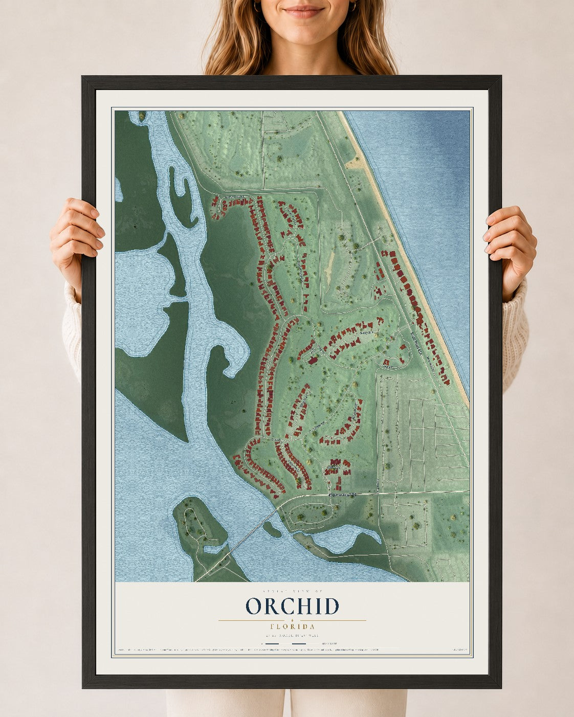 Orchid, Florida map print, 24" x 36" W/ Black Ayous Wood Frame mockup