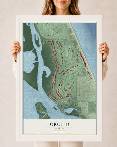 Orchid, Florida map print, 24" x 36" W/ White Ayous Wood Frame mockup