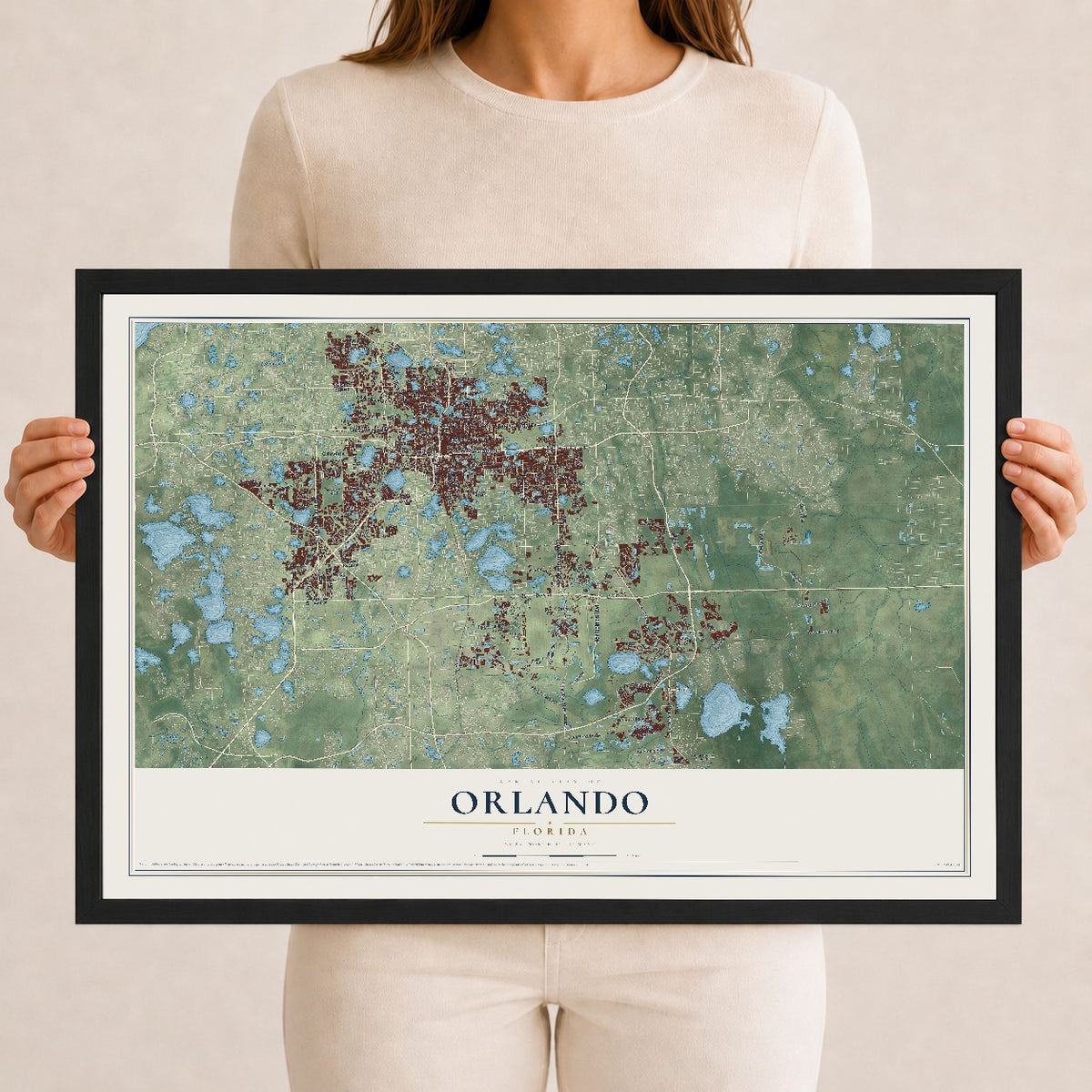 Orlando, Florida map print, 12" x 18" W/ Black Ayous Wood Frame mockup