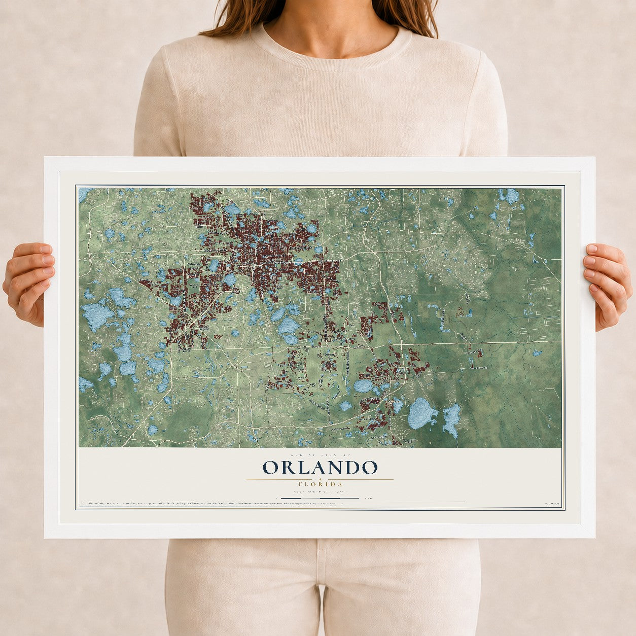 Orlando, Florida map print, 12" x 18" W/ White Ayous Wood Frame mockup