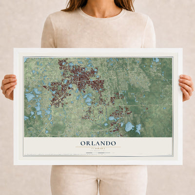 Orlando, Florida map print, 12" x 18" W/ White Ayous Wood Frame mockup