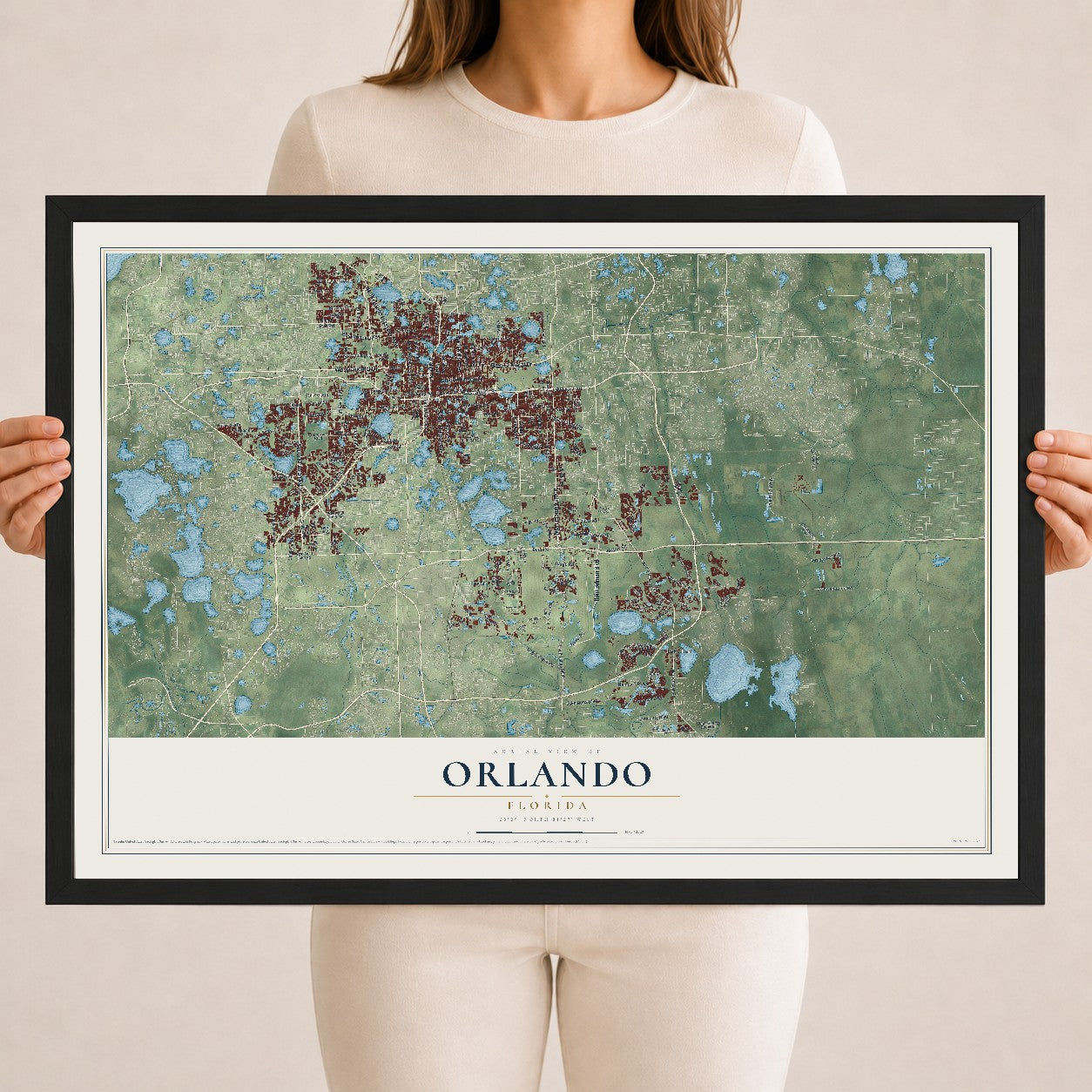Orlando, Florida map print, 18" x 24" W/ Black Ayous Wood Frame mockup
