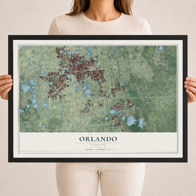 Orlando, Florida map print, 18" x 24" W/ Black Ayous Wood Frame mockup