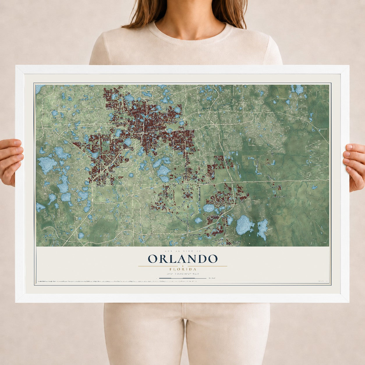 Orlando, Florida map print, 18" x 24" W/ White Ayous Wood Frame mockup