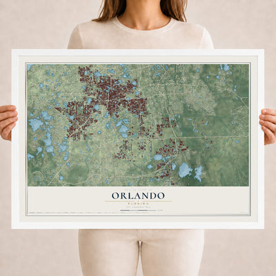 Orlando, Florida map print, 18" x 24" W/ White Ayous Wood Frame mockup