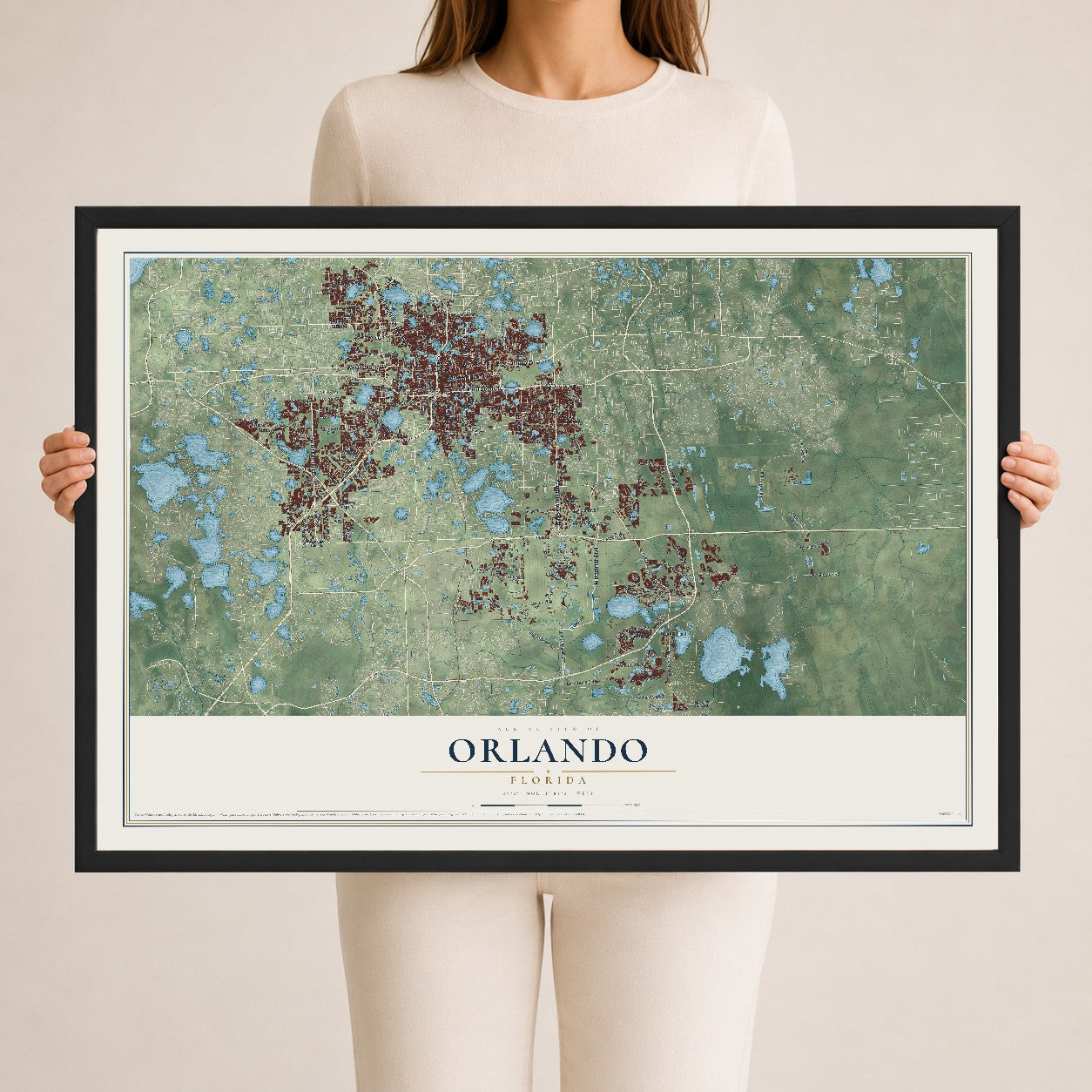 Orlando, Florida map print, 24" x 36" W/ Black Ayous Wood Frame mockup