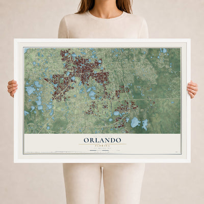 Orlando, Florida map print, 24" x 36" W/ White Ayous Wood Frame mockup