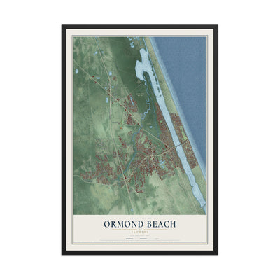 Ormond Beach, Florida map print, 12" x 18" W/ Black Ayous Wood Frame mockup