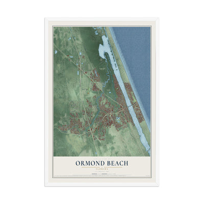 Ormond Beach, Florida map print, 12" x 18" W/ White Ayous Wood Frame mockup