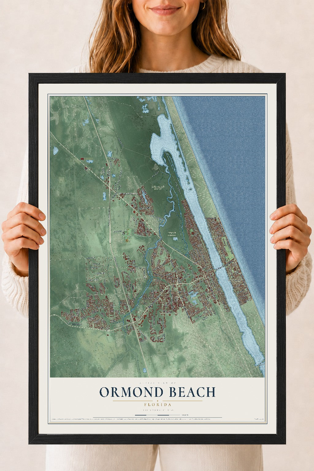 Ormond Beach, Florida map print, 18" x 24" W/ Black Ayous Wood Frame mockup