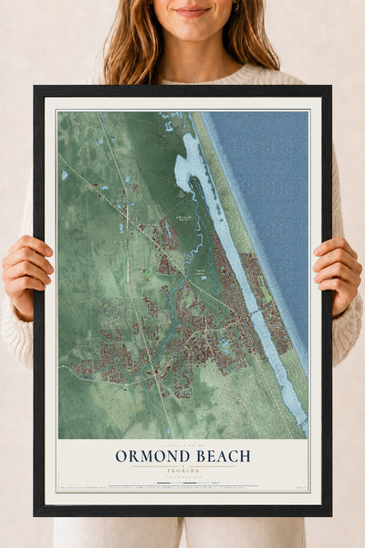 Ormond Beach, Florida map print, 18" x 24" W/ Black Ayous Wood Frame mockup