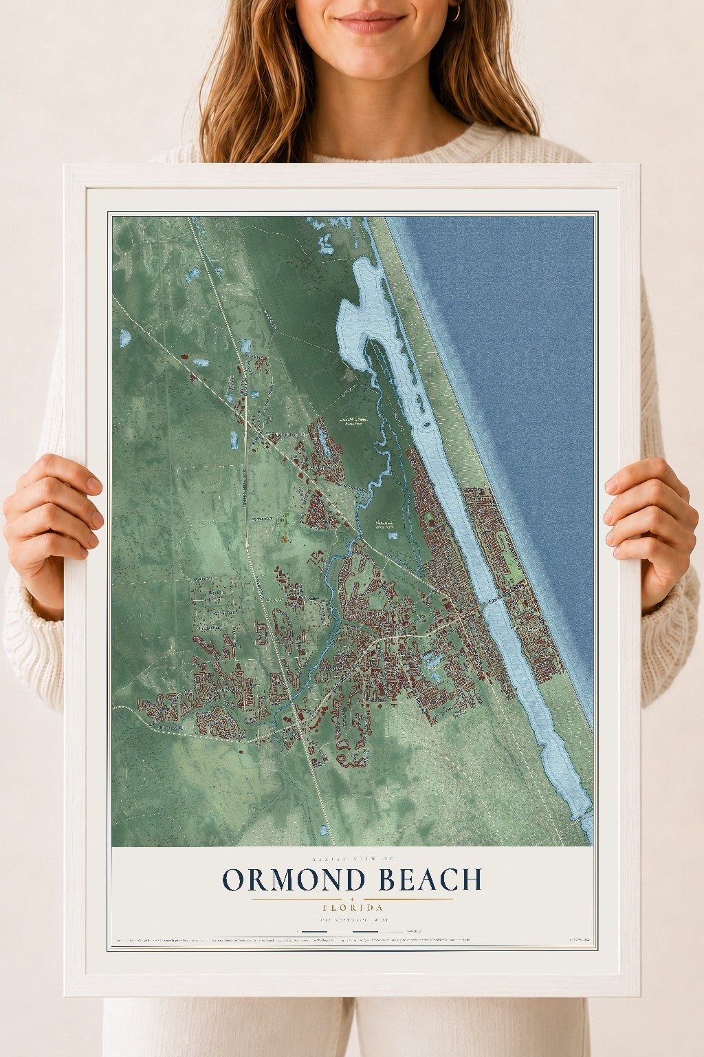 Ormond Beach, Florida map print, 18" x 24" W/ White Ayous Wood Frame mockup